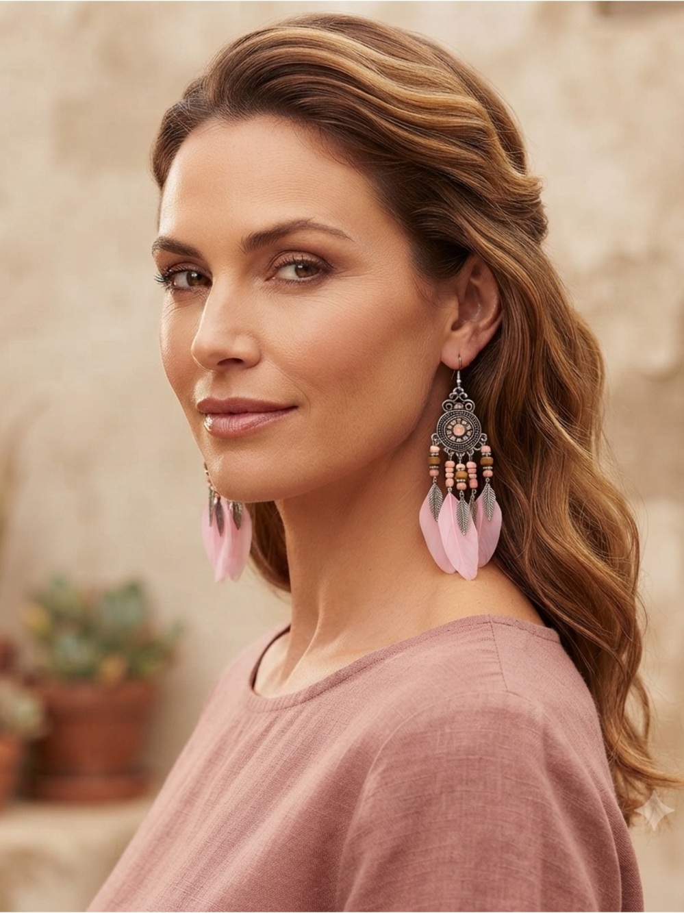 Pink Feather Boho Drop Earrings - Women's Jewelry